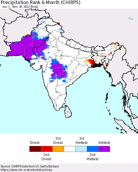 Southern Asia Precipitation Rank since 1981, 6-Month (CHIRPS) Thematic Map For 6/1/2022 - 11/30/2022