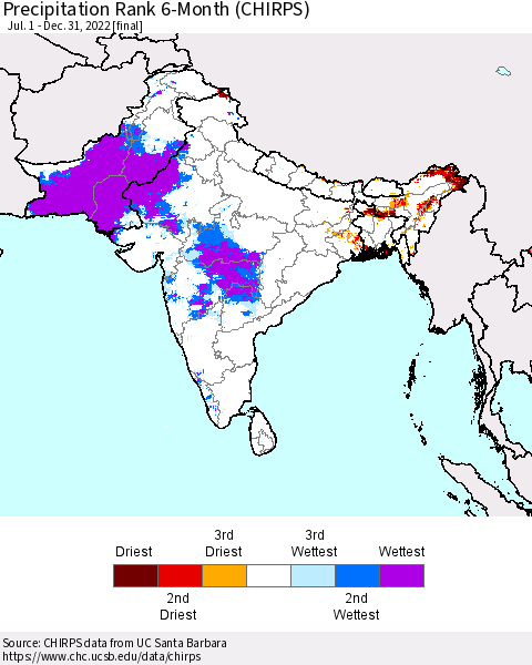 Southern Asia Precipitation Rank since 1981, 6-Month (CHIRPS) Thematic Map For 7/1/2022 - 12/31/2022