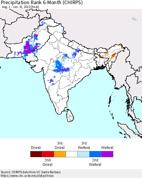 Southern Asia Precipitation Rank since 1981, 6-Month (CHIRPS) Thematic Map For 8/1/2022 - 1/31/2023