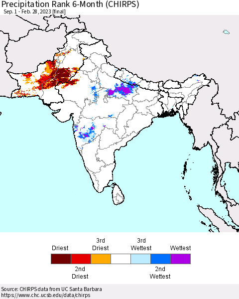 Southern Asia Precipitation Rank since 1981, 6-Month (CHIRPS) Thematic Map For 9/1/2022 - 2/28/2023