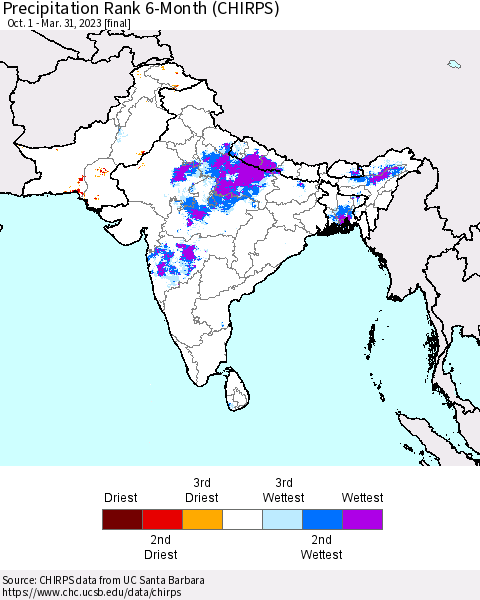 Southern Asia Precipitation Rank since 1981, 6-Month (CHIRPS) Thematic Map For 10/1/2022 - 3/31/2023