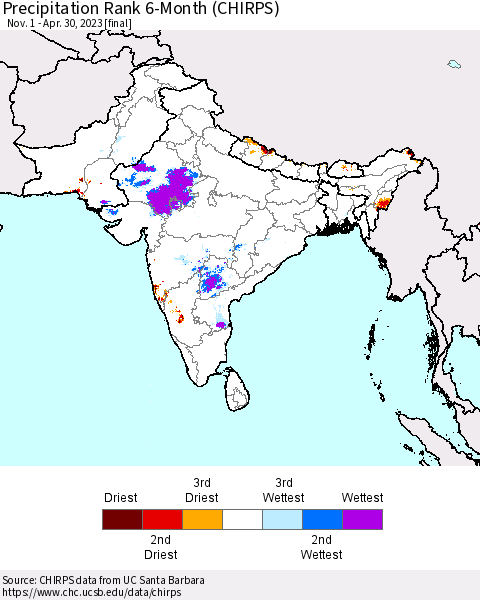 Southern Asia Precipitation Rank since 1981, 6-Month (CHIRPS) Thematic Map For 11/1/2022 - 4/30/2023