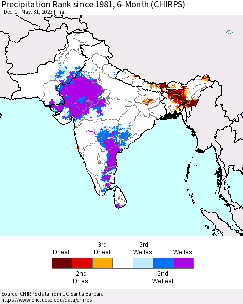Southern Asia Precipitation Rank since 1981, 6-Month (CHIRPS) Thematic Map For 12/1/2022 - 5/31/2023
