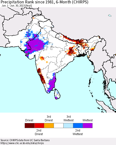 Southern Asia Precipitation Rank since 1981, 6-Month (CHIRPS) Thematic Map For 1/1/2023 - 6/30/2023