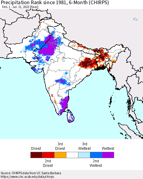 Southern Asia Precipitation Rank since 1981, 6-Month (CHIRPS) Thematic Map For 2/1/2023 - 7/31/2023