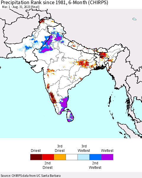 Southern Asia Precipitation Rank since 1981, 6-Month (CHIRPS) Thematic Map For 3/1/2023 - 8/31/2023