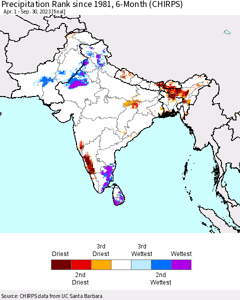 Southern Asia Precipitation Rank since 1981, 6-Month (CHIRPS) Thematic Map For 4/1/2023 - 9/30/2023