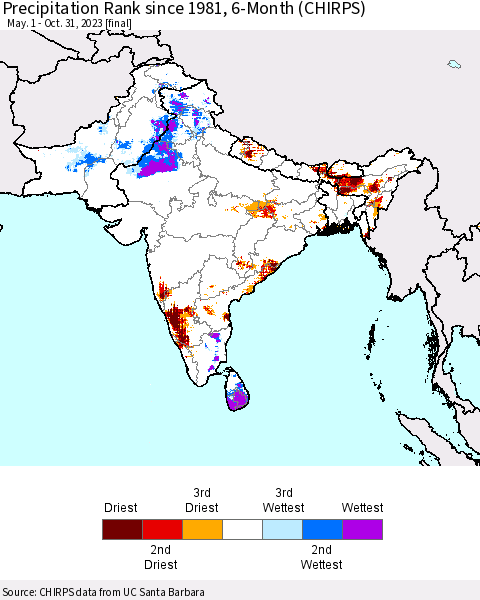 Southern Asia Precipitation Rank since 1981, 6-Month (CHIRPS) Thematic Map For 5/1/2023 - 10/31/2023