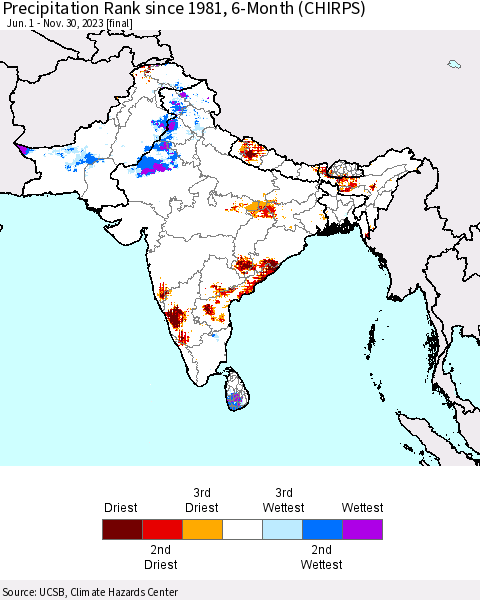Southern Asia Precipitation Rank since 1981, 6-Month (CHIRPS) Thematic Map For 6/1/2023 - 11/30/2023