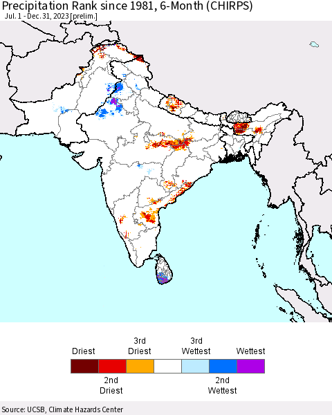 Southern Asia Precipitation Rank since 1981, 6-Month (CHIRPS) Thematic Map For 7/1/2023 - 12/31/2023