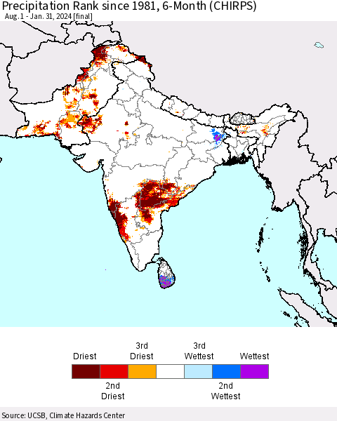 Southern Asia Precipitation Rank since 1981, 6-Month (CHIRPS) Thematic Map For 8/1/2023 - 1/31/2024