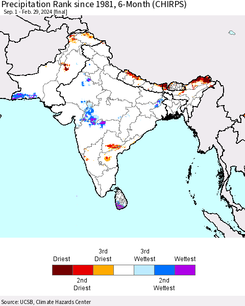 Southern Asia Precipitation Rank since 1981, 6-Month (CHIRPS) Thematic Map For 9/1/2023 - 2/29/2024