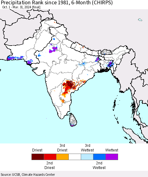 Southern Asia Precipitation Rank since 1981, 6-Month (CHIRPS) Thematic Map For 10/1/2023 - 3/31/2024