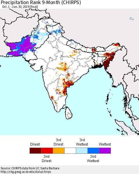 Southern Asia Precipitation Rank since 1981, 9-Month (CHIRPS) Thematic Map For 10/1/2018 - 6/30/2019