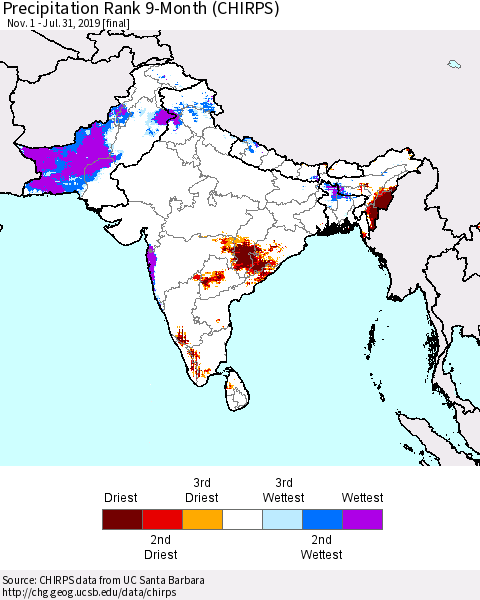 Southern Asia Precipitation Rank since 1981, 9-Month (CHIRPS) Thematic Map For 11/1/2018 - 7/31/2019