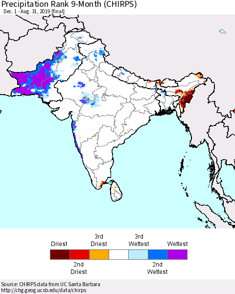 Southern Asia Precipitation Rank 9-Month (CHIRPS) Thematic Map For 12/1/2018 - 8/31/2019