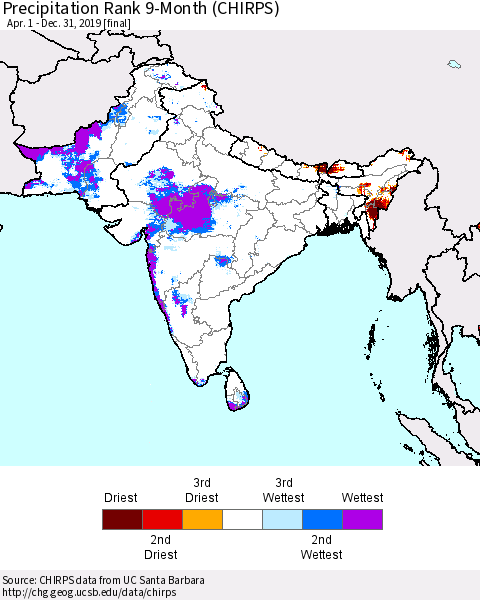 Southern Asia Precipitation Rank 9-Month (CHIRPS) Thematic Map For 4/1/2019 - 12/31/2019