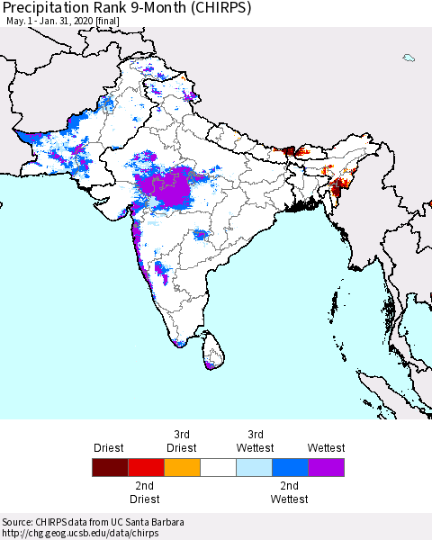 Southern Asia Precipitation Rank since 1981, 9-Month (CHIRPS) Thematic Map For 5/1/2019 - 1/31/2020