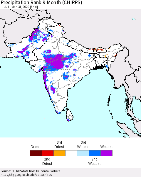 Southern Asia Precipitation Rank since 1981, 9-Month (CHIRPS) Thematic Map For 7/1/2019 - 3/31/2020