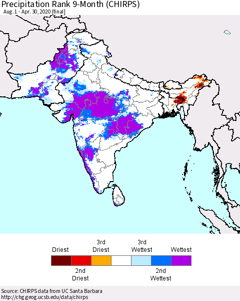Southern Asia Precipitation Rank since 1981, 9-Month (CHIRPS) Thematic Map For 8/1/2019 - 4/30/2020