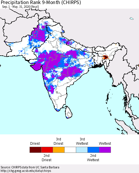 Southern Asia Precipitation Rank since 1981, 9-Month (CHIRPS) Thematic Map For 9/1/2019 - 5/31/2020