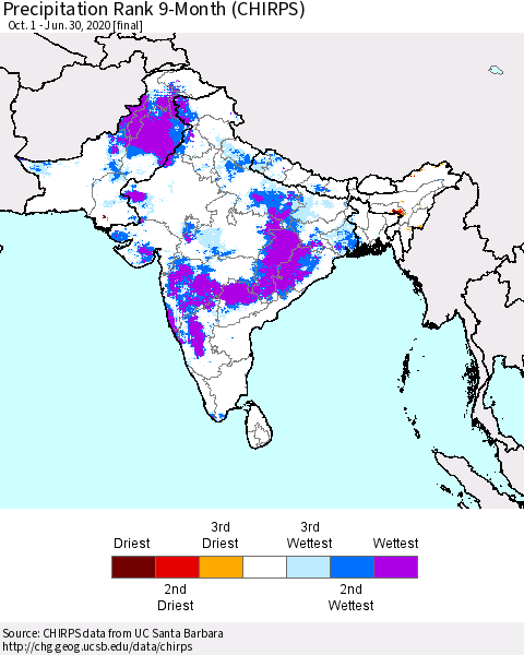 Southern Asia Precipitation Rank since 1981, 9-Month (CHIRPS) Thematic Map For 10/1/2019 - 6/30/2020