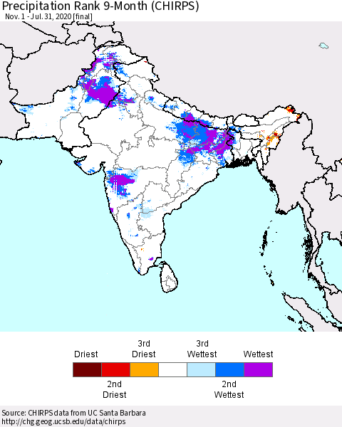 Southern Asia Precipitation Rank 9-Month (CHIRPS) Thematic Map For 11/1/2019 - 7/31/2020