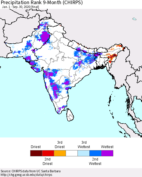 Southern Asia Precipitation Rank 9-Month (CHIRPS) Thematic Map For 1/1/2020 - 9/30/2020