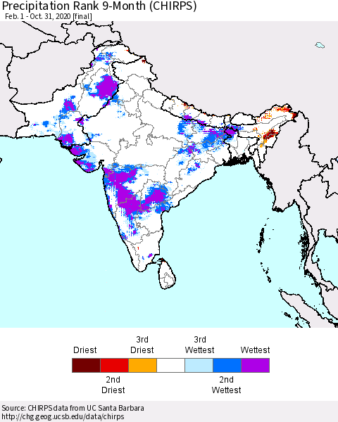 Southern Asia Precipitation Rank 9-Month (CHIRPS) Thematic Map For 2/1/2020 - 10/31/2020