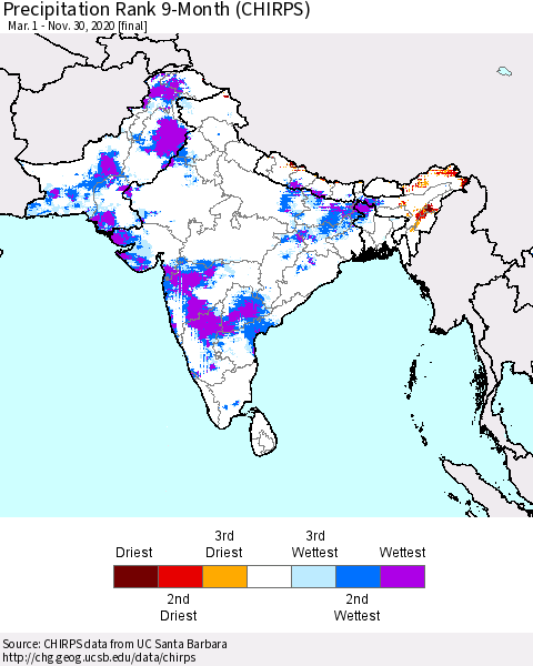 Southern Asia Precipitation Rank 9-Month (CHIRPS) Thematic Map For 3/1/2020 - 11/30/2020