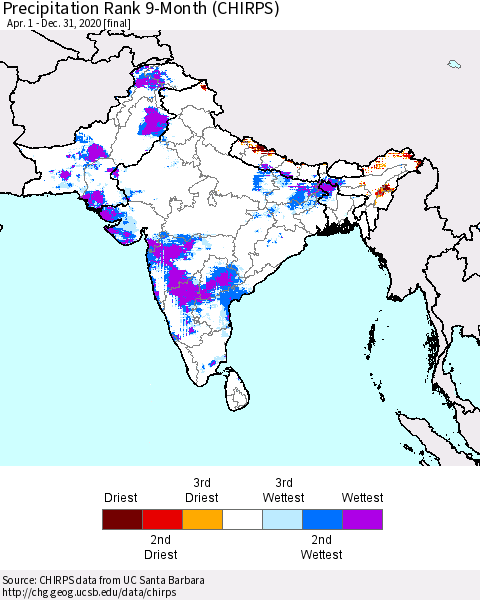 Southern Asia Precipitation Rank 9-Month (CHIRPS) Thematic Map For 4/1/2020 - 12/31/2020
