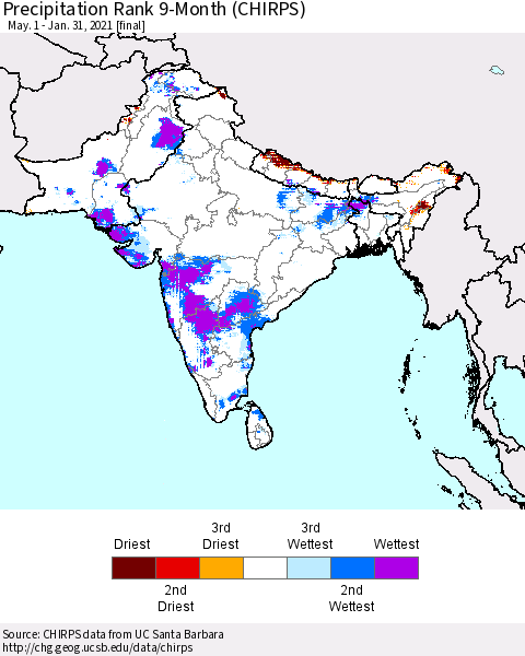 Southern Asia Precipitation Rank since 1981, 9-Month (CHIRPS) Thematic Map For 5/1/2020 - 1/31/2021