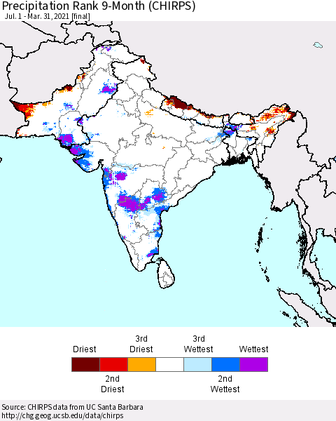 Southern Asia Precipitation Rank since 1981, 9-Month (CHIRPS) Thematic Map For 7/1/2020 - 3/31/2021