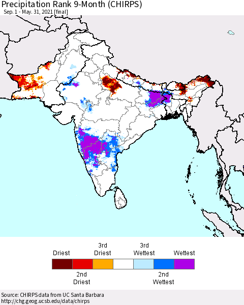 Southern Asia Precipitation Rank since 1981, 9-Month (CHIRPS) Thematic Map For 9/1/2020 - 5/31/2021