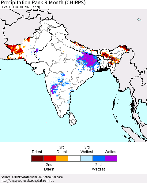 Southern Asia Precipitation Rank since 1981, 9-Month (CHIRPS) Thematic Map For 10/1/2020 - 6/30/2021