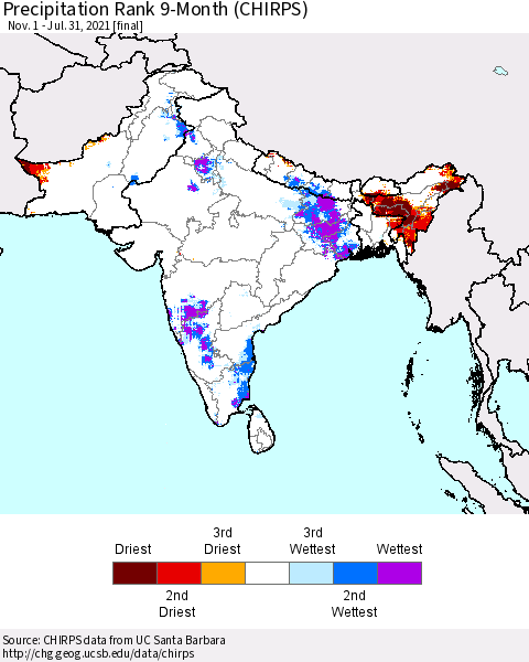 Southern Asia Precipitation Rank since 1981, 9-Month (CHIRPS) Thematic Map For 11/1/2020 - 7/31/2021
