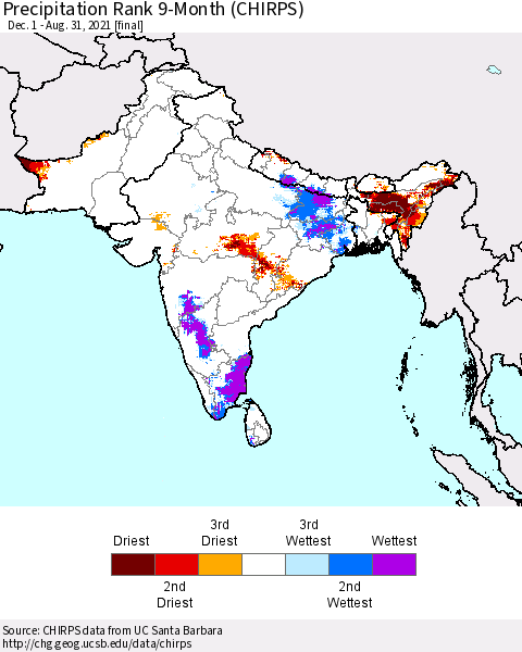 Southern Asia Precipitation Rank 9-Month (CHIRPS) Thematic Map For 12/1/2020 - 8/31/2021