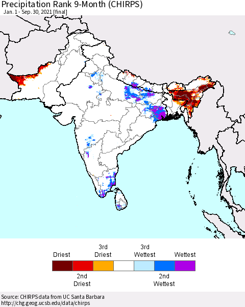 Southern Asia Precipitation Rank 9-Month (CHIRPS) Thematic Map For 1/1/2021 - 9/30/2021