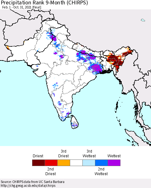 Southern Asia Precipitation Rank 9-Month (CHIRPS) Thematic Map For 2/1/2021 - 10/31/2021