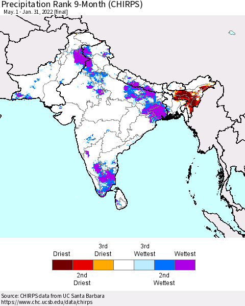 Southern Asia Precipitation Rank 9-Month (CHIRPS) Thematic Map For 5/1/2021 - 1/31/2022