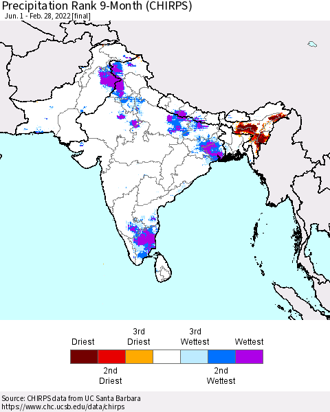 Southern Asia Precipitation Rank since 1981, 9-Month (CHIRPS) Thematic Map For 6/1/2021 - 2/28/2022