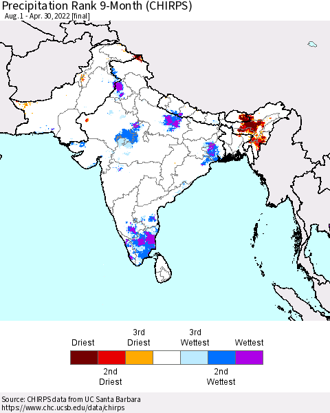Southern Asia Precipitation Rank 9-Month (CHIRPS) Thematic Map For 8/1/2021 - 4/30/2022
