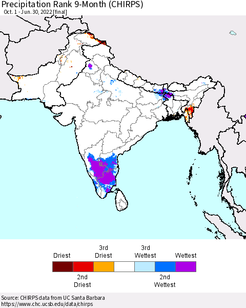 Southern Asia Precipitation Rank 9-Month (CHIRPS) Thematic Map For 10/1/2021 - 6/30/2022