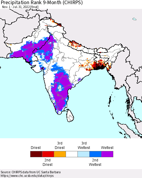 Southern Asia Precipitation Rank since 1981, 9-Month (CHIRPS) Thematic Map For 11/1/2021 - 7/31/2022