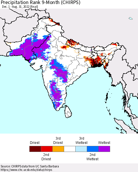 Southern Asia Precipitation Rank since 1981, 9-Month (CHIRPS) Thematic Map For 12/1/2021 - 8/31/2022