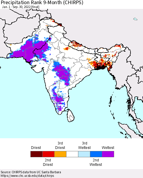 Southern Asia Precipitation Rank since 1981, 9-Month (CHIRPS) Thematic Map For 1/1/2022 - 9/30/2022