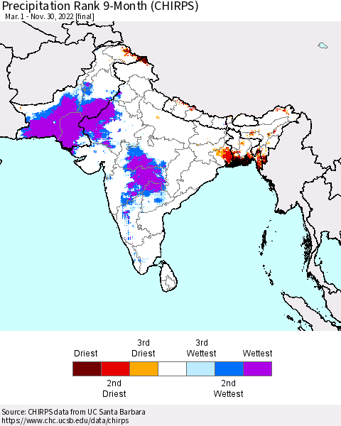 Southern Asia Precipitation Rank since 1981, 9-Month (CHIRPS) Thematic Map For 3/1/2022 - 11/30/2022