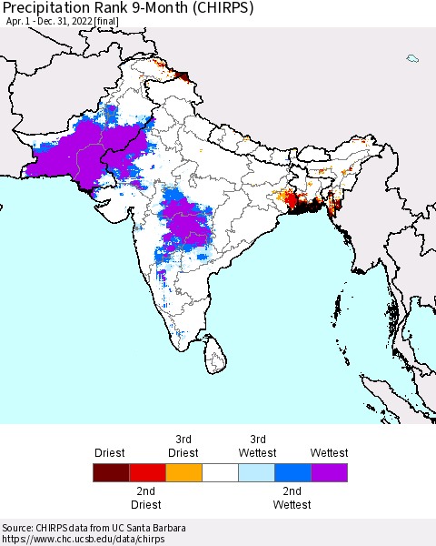 Southern Asia Precipitation Rank since 1981, 9-Month (CHIRPS) Thematic Map For 4/1/2022 - 12/31/2022