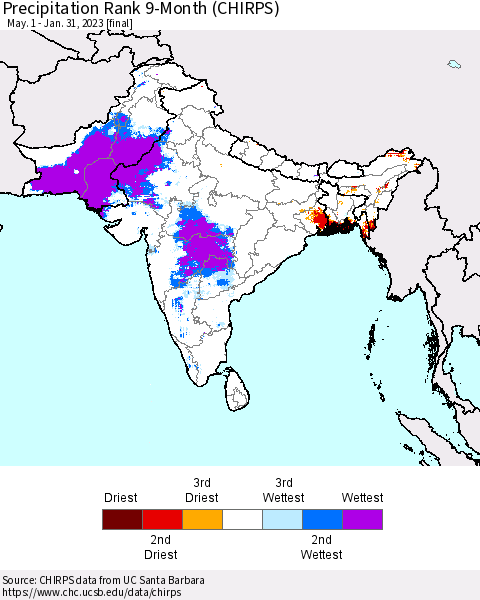Southern Asia Precipitation Rank since 1981, 9-Month (CHIRPS) Thematic Map For 5/1/2022 - 1/31/2023
