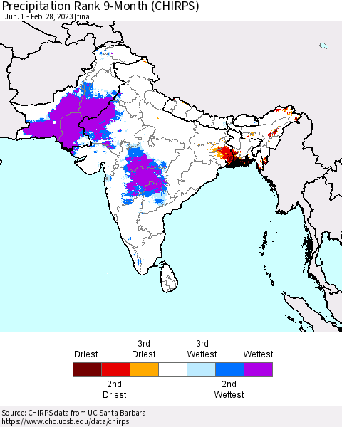 Southern Asia Precipitation Rank since 1981, 9-Month (CHIRPS) Thematic Map For 6/1/2022 - 2/28/2023